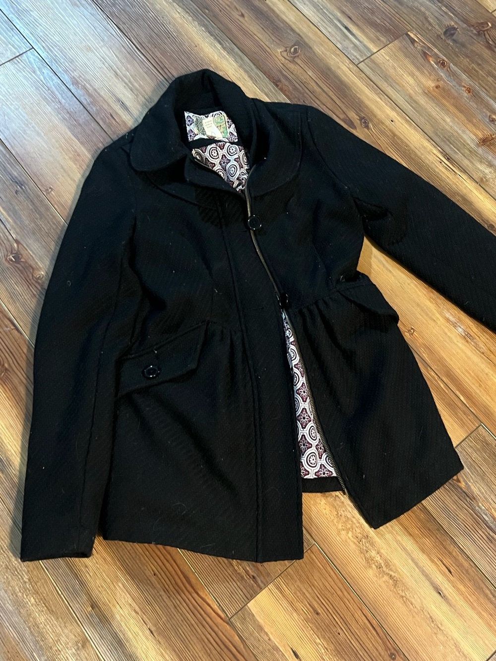 Billabong Black Pea Coat with Patterned Lining